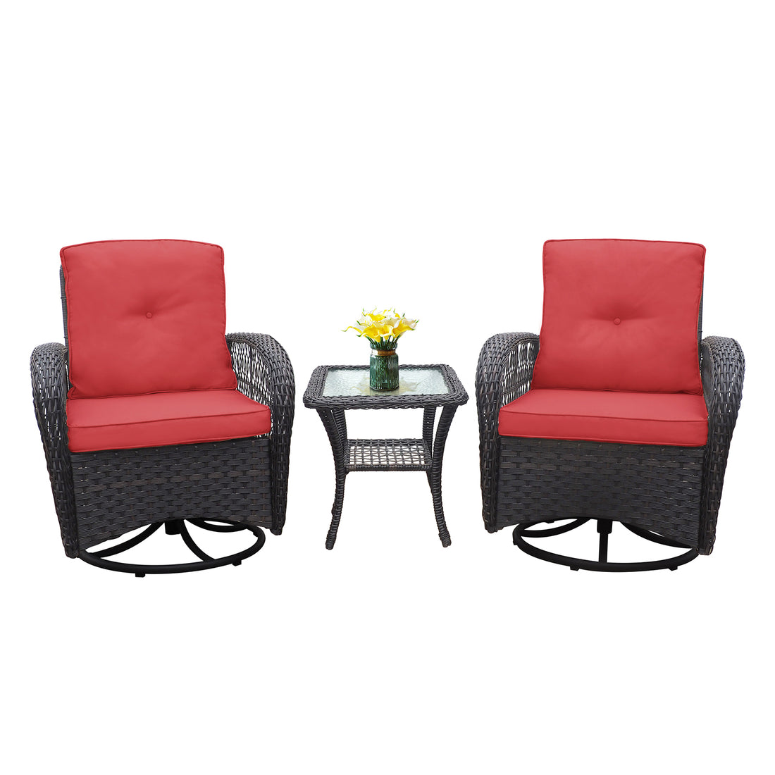 3 Pieces Conversation Set, Outdoor Wicker Rocker Swivel Patio Bistro Set, Rocking Chair With Glass Top Side Table,Red Yes Complete Patio Set Brown Rust Resistant Frame Water Resistant Cushion Garden & Outdoor Classic Complete Patio Sets Metal Metal