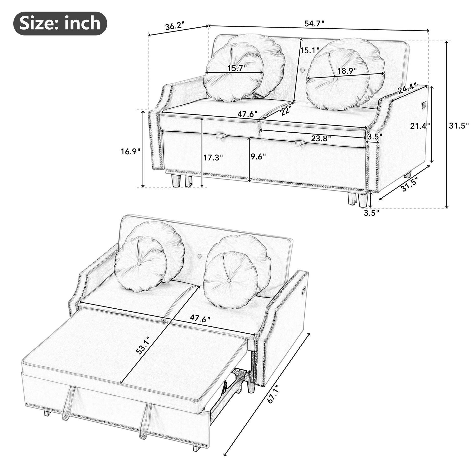 54.7" Multiple Adjustable Positions Sofa Bed Stylish Sofa Bed With A Button Tufted Backrest, Two Usb Ports And Four Floral Lumbar Pillows For Living Room, Bedroom,Or Small Space, Light Grey Light Grey Foam Polyester 2 Seat