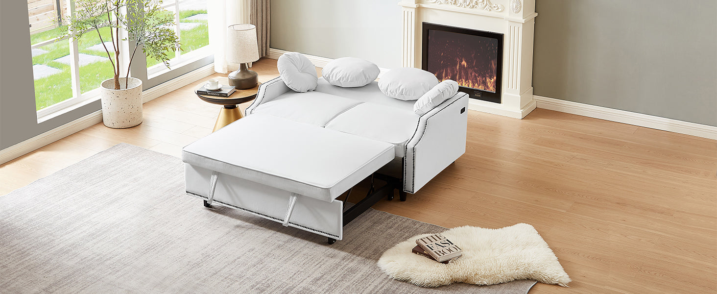 54.7" Multiple Adjustable Positions Sofa Bed Stylish Sofa Bed With A Button Tufted Backrest, Two Usb Ports And Four Floral Lumbar Pillows For Living Room, Bedroom,Or Small Space, Beige Beige Foam Polyester 2 Seat