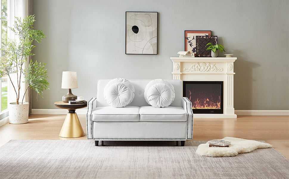 54.7" Multiple Adjustable Positions Sofa Bed Stylish Sofa Bed With A Button Tufted Backrest, Two Usb Ports And Four Floral Lumbar Pillows For Living Room, Bedroom,Or Small Space, Beige Beige Foam Polyester 2 Seat