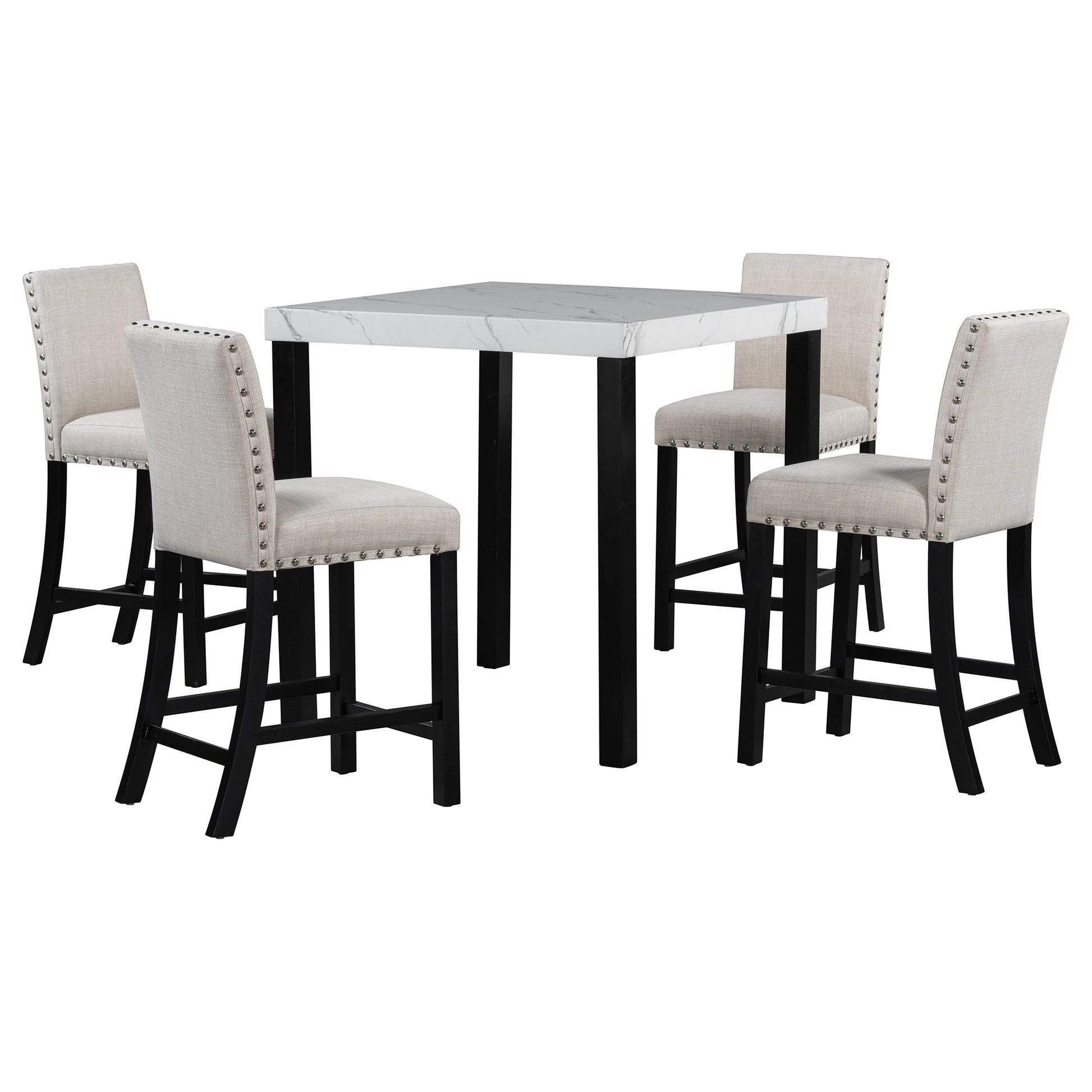 Five Piece Dining Set With Imitation Marble Tabletop, Restaurant Combination Set, Solid Wood Dining Table And 4 Chairs, Space Saving Combination Furniture For Kitchen And Dining Room. Black White Solid Wood Mdf