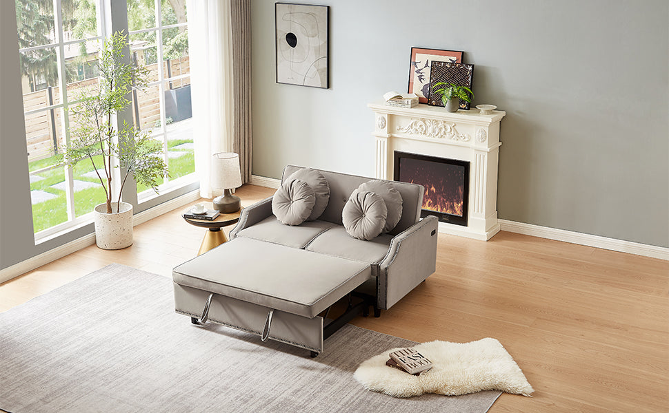 54.7" Multiple Adjustable Positions Sofa Bed Stylish Sofa Bed With A Button Tufted Backrest, Two Usb Ports And Four Floral Lumbar Pillows For Living Room, Bedroom,Or Small Space, Coffee Coffee Foam Polyester 2 Seat