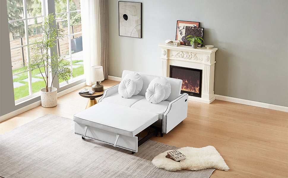 54.7" Multiple Adjustable Positions Sofa Bed Stylish Sofa Bed With A Button Tufted Backrest, Two Usb Ports And Four Floral Lumbar Pillows For Living Room, Bedroom,Or Small Space, Beige Beige Foam Polyester 2 Seat