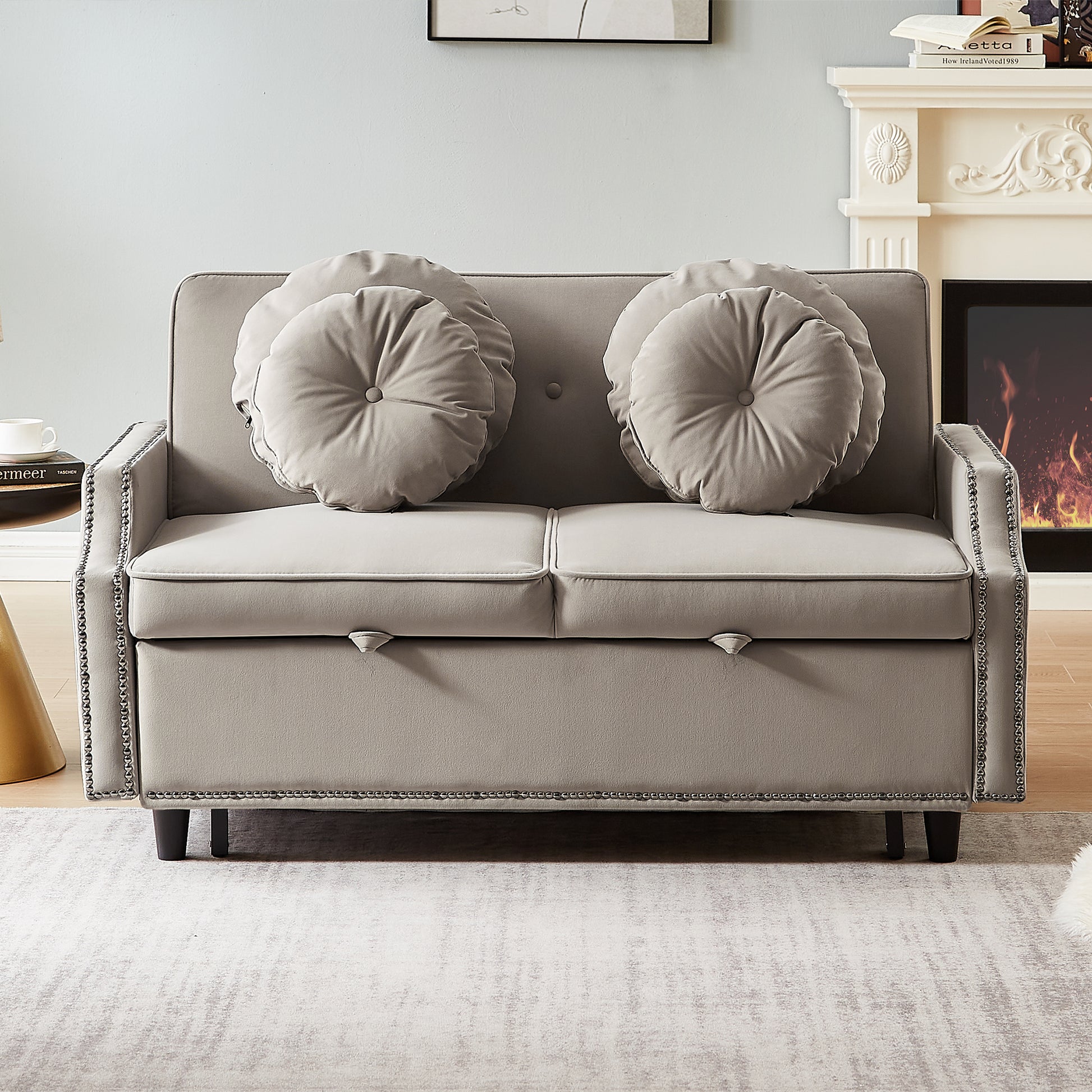 54.7" Multiple Adjustable Positions Sofa Bed Stylish Sofa Bed With A Button Tufted Backrest, Two Usb Ports And Four Floral Lumbar Pillows For Living Room, Bedroom,Or Small Space, Coffee Coffee Foam Polyester 2 Seat