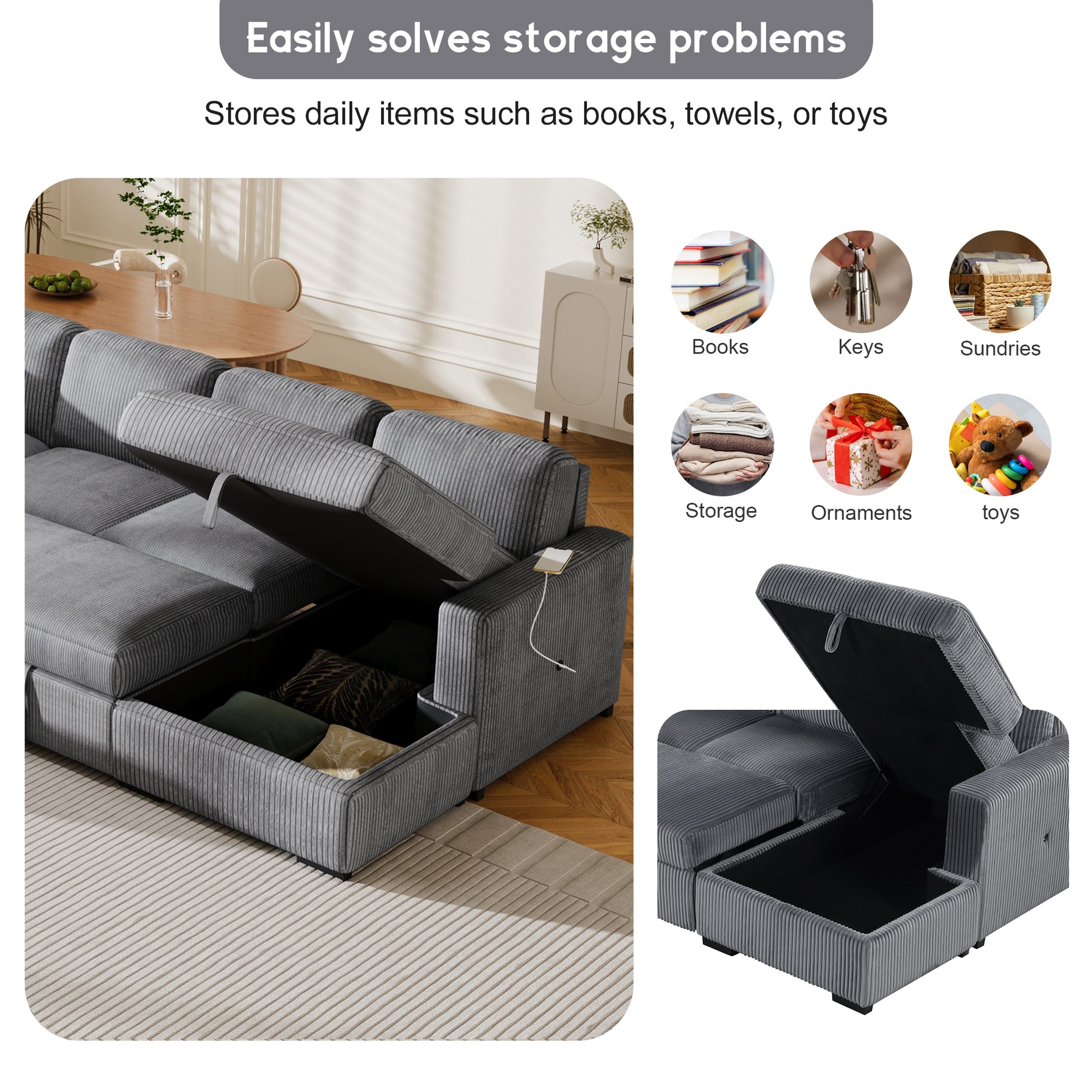 U Shaped Corduroy Combination Corner Sofa With Storage Lounge Chair, 6 Seater Oversized Sofa, With Usb Interfaces,Suitable For Living Room, Office, And Spacious Space Gray Polyester 6 Seat