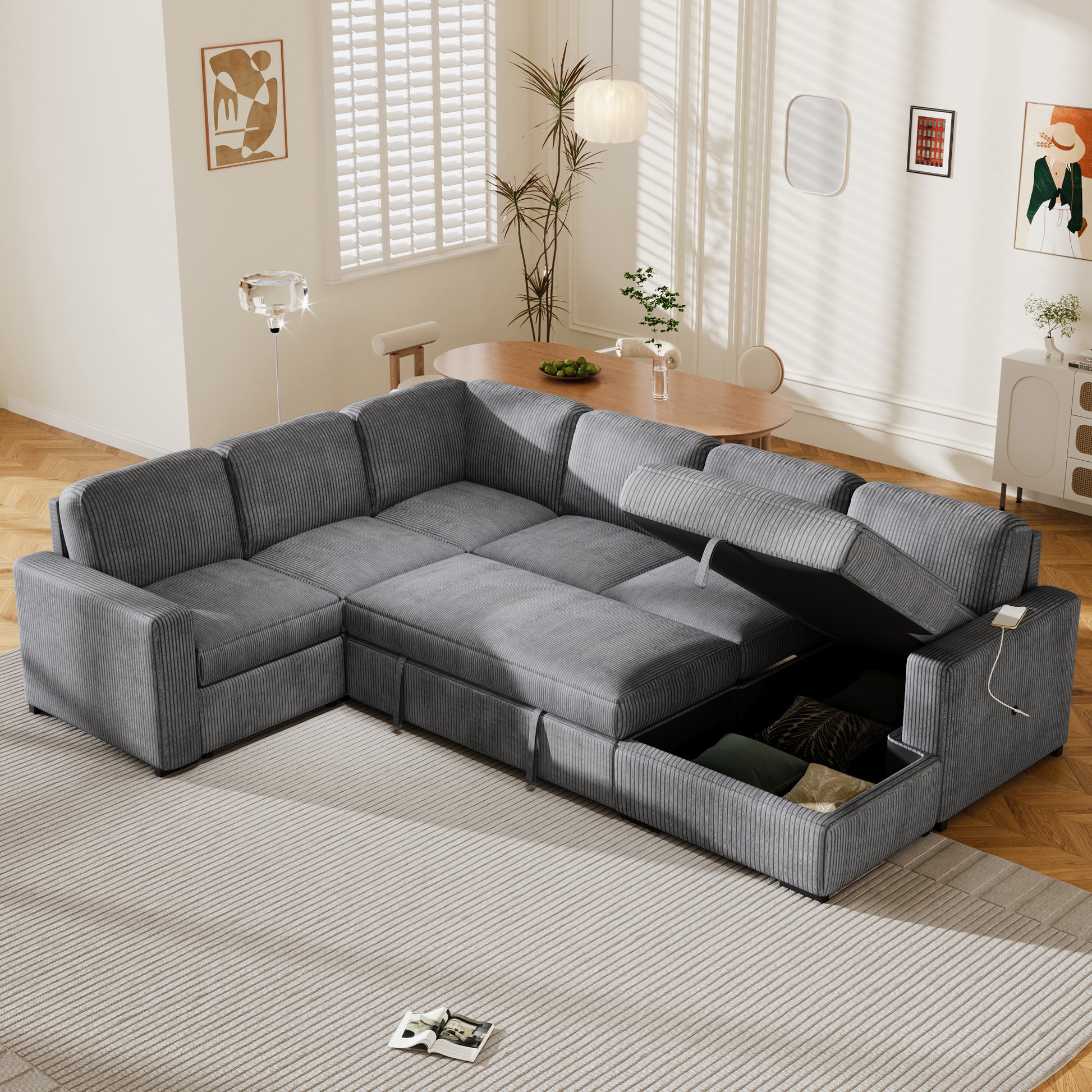 U Shaped Corduroy Combination Corner Sofa With Storage Lounge Chair, 6 Seater Oversized Sofa, With Usb Interfaces,Suitable For Living Room, Office, And Spacious Space Gray Polyester 6 Seat