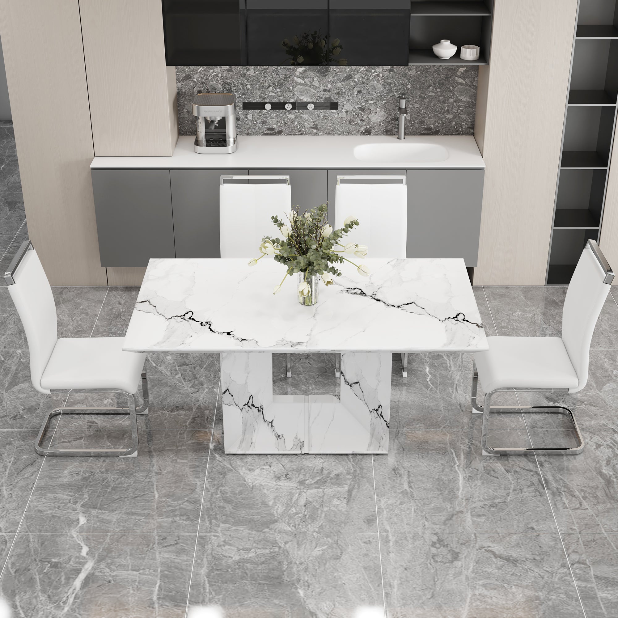 A Simple Dining Table. A Dining Table With A White Marble Pattern. 4 Pu Synthetic Leather High Backrest Cushioned Side Chairs With C Shaped Silver Metal Legs. Dt Sq 16090 Whc 1162 White Mdf