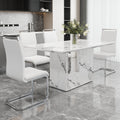 A Simple Dining Table. A Dining Table With A White Marble Pattern. 4 Pu Synthetic Leather High Backrest Cushioned Side Chairs With C Shaped Silver Metal Legs. Dt Sq 16090 Whc 1162 White Mdf