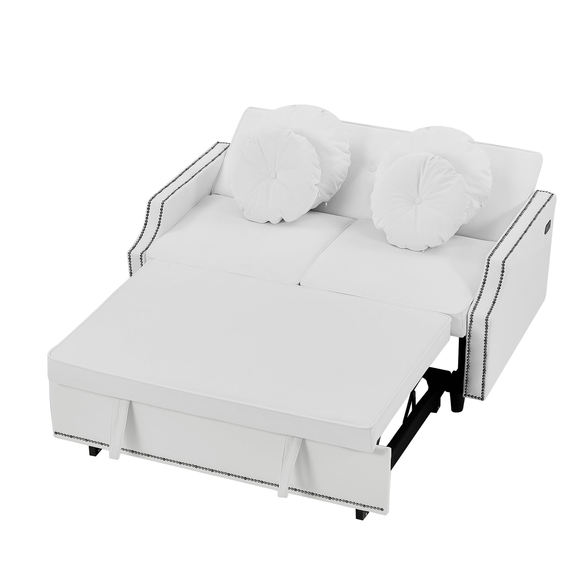 54.7" Multiple Adjustable Positions Sofa Bed Stylish Sofa Bed With A Button Tufted Backrest, Two Usb Ports And Four Floral Lumbar Pillows For Living Room, Bedroom,Or Small Space, Beige Beige Foam Polyester 2 Seat