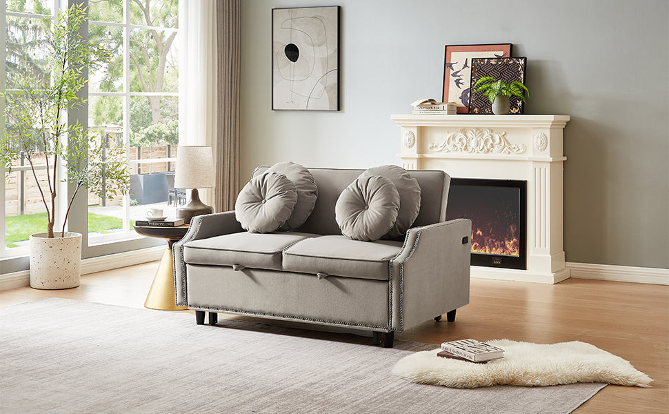 54.7" Multiple Adjustable Positions Sofa Bed Stylish Sofa Bed With A Button Tufted Backrest, Two Usb Ports And Four Floral Lumbar Pillows For Living Room, Bedroom,Or Small Space, Coffee Coffee Foam Polyester 2 Seat