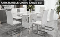 A Simple Dining Table. A Dining Table With A White Marble Pattern. 6 Pu Synthetic Leather High Backrest Cushioned Side Chairs With C Shaped Silver Metal Legs. Dt Sq 16090 Whc 1162 White Mdf