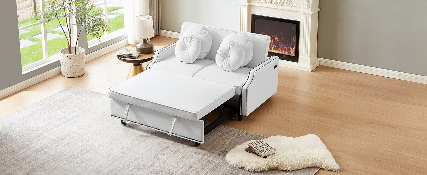 54.7" Multiple Adjustable Positions Sofa Bed Stylish Sofa Bed With A Button Tufted Backrest, Two Usb Ports And Four Floral Lumbar Pillows For Living Room, Bedroom,Or Small Space, Beige Beige Foam Polyester 2 Seat