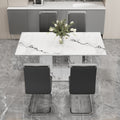 A Simple Dining Table. A Dining Table With A White Marble Pattern. 4 Pu Synthetic Leather High Backrest Cushioned Side Chairs With C Shaped Silver Metal Legs. Dt Sq 16090 Whc 1162 White Mdf