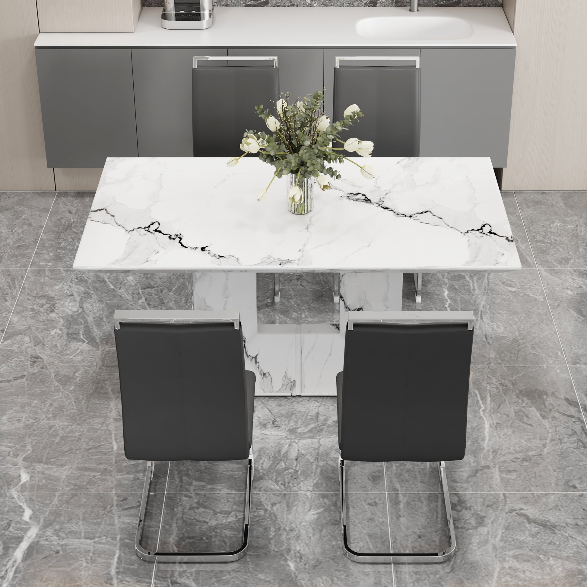 A Simple Dining Table. A Dining Table With A White Marble Pattern. 4 Pu Synthetic Leather High Backrest Cushioned Side Chairs With C Shaped Silver Metal Legs. Dt Sq 16090 Whc 1162 White Mdf