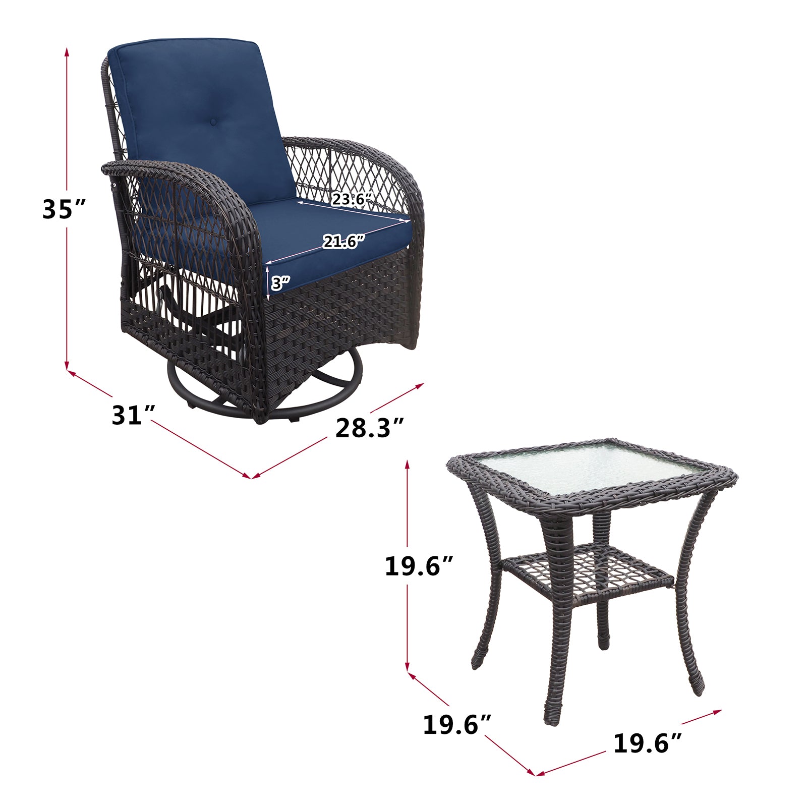 3 Pieces Conversation Set, Outdoor Wicker Rocker Swivel Patio Bistro Set, Rocking Chair With Glass Top Side Table,Navy Blue Yes Complete Patio Set Brown Rust Resistant Frame Water Resistant Cushion Garden & Outdoor Classic Complete Patio Sets Metal Metal