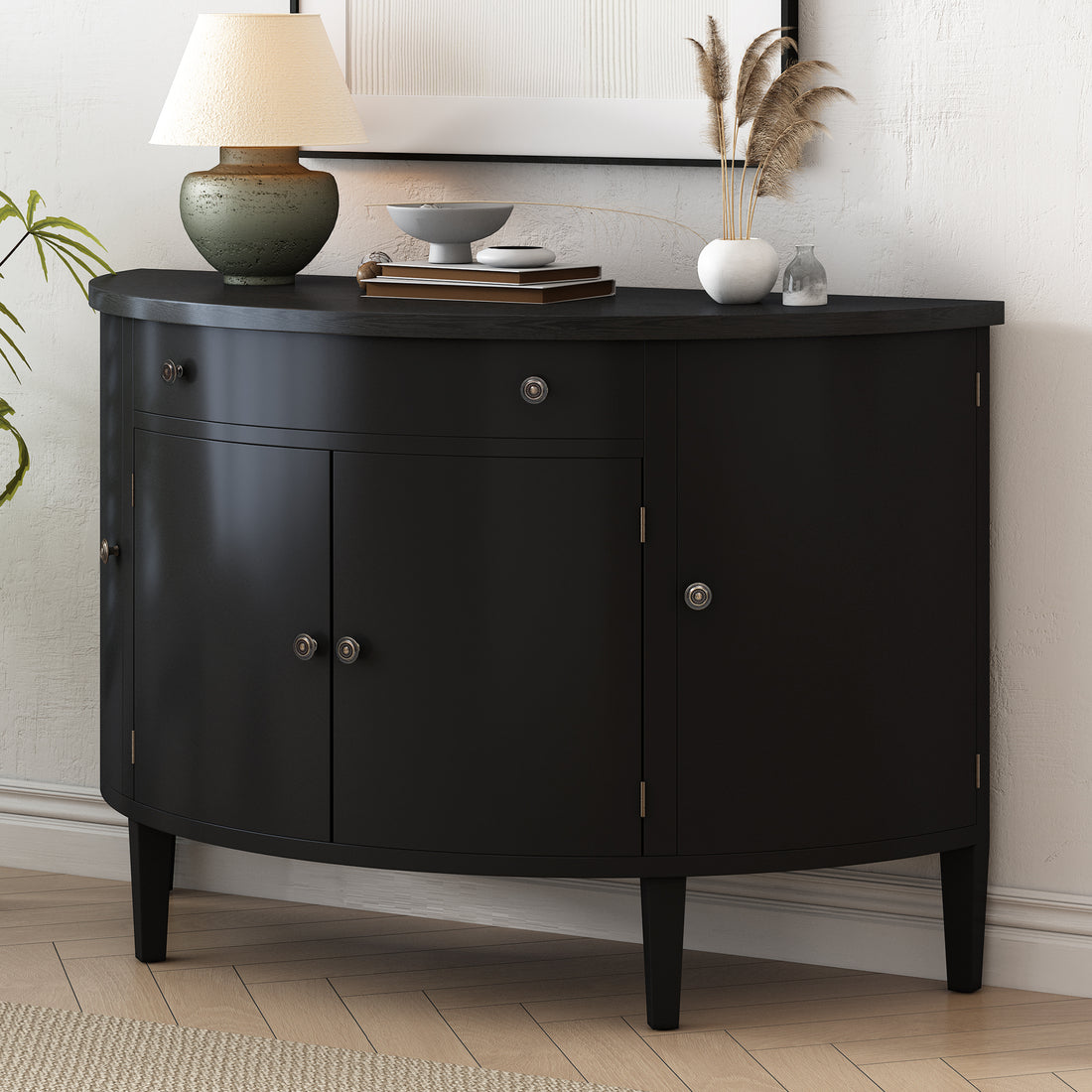 Curved Design Storage Cabinet Made Of Fraxinus Mandschuric Solid Wood Veneer, Adjustable Shelves, Suitable For Corridors, Entrances And Study. Black Mdf