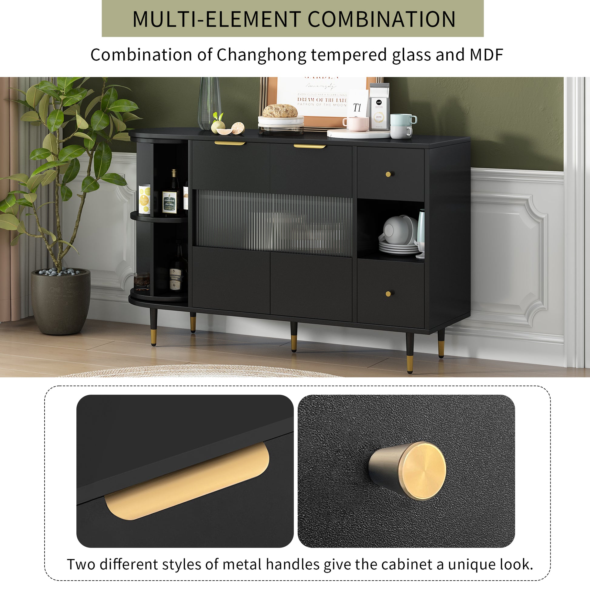 Rotating Storage Cabinet With 2 Doors And 2 Drawers, Suitable For Living Room, Study, And Balcony 1 2 Shelves Black Mdf