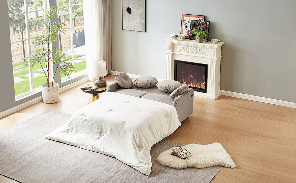 54.7" Multiple Adjustable Positions Sofa Bed Stylish Sofa Bed With A Button Tufted Backrest, Two Usb Ports And Four Floral Lumbar Pillows For Living Room, Bedroom,Or Small Space, Coffee Coffee Foam Polyester 2 Seat