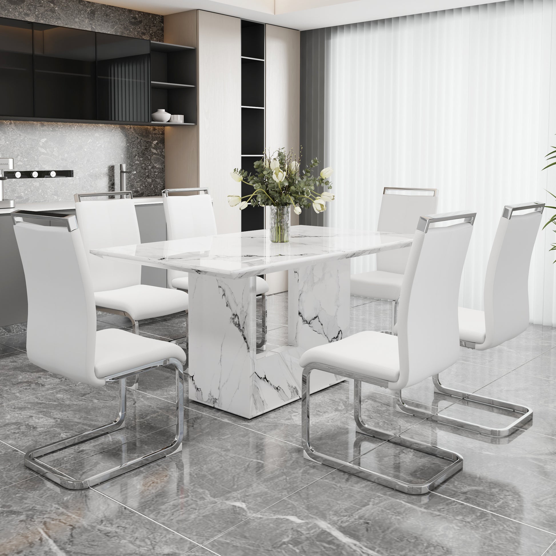 A Simple Dining Table. A Dining Table With A White Marble Pattern. 6 Pu Synthetic Leather High Backrest Cushioned Side Chairs With C Shaped Silver Metal Legs. Dt Sq 16090 Whc 1162 White Mdf