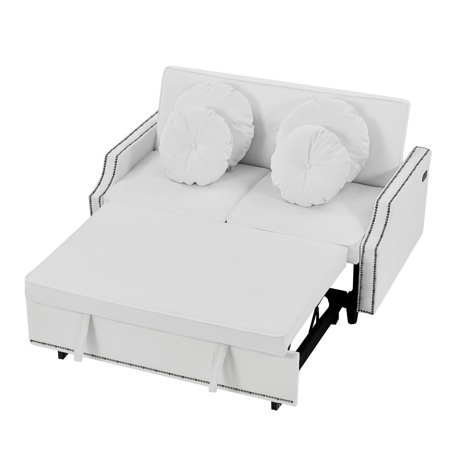 54.7" Multiple Adjustable Positions Sofa Bed Stylish Sofa Bed With A Button Tufted Backrest, Two Usb Ports And Four Floral Lumbar Pillows For Living Room, Bedroom,Or Small Space, Beige Beige Foam Polyester 2 Seat