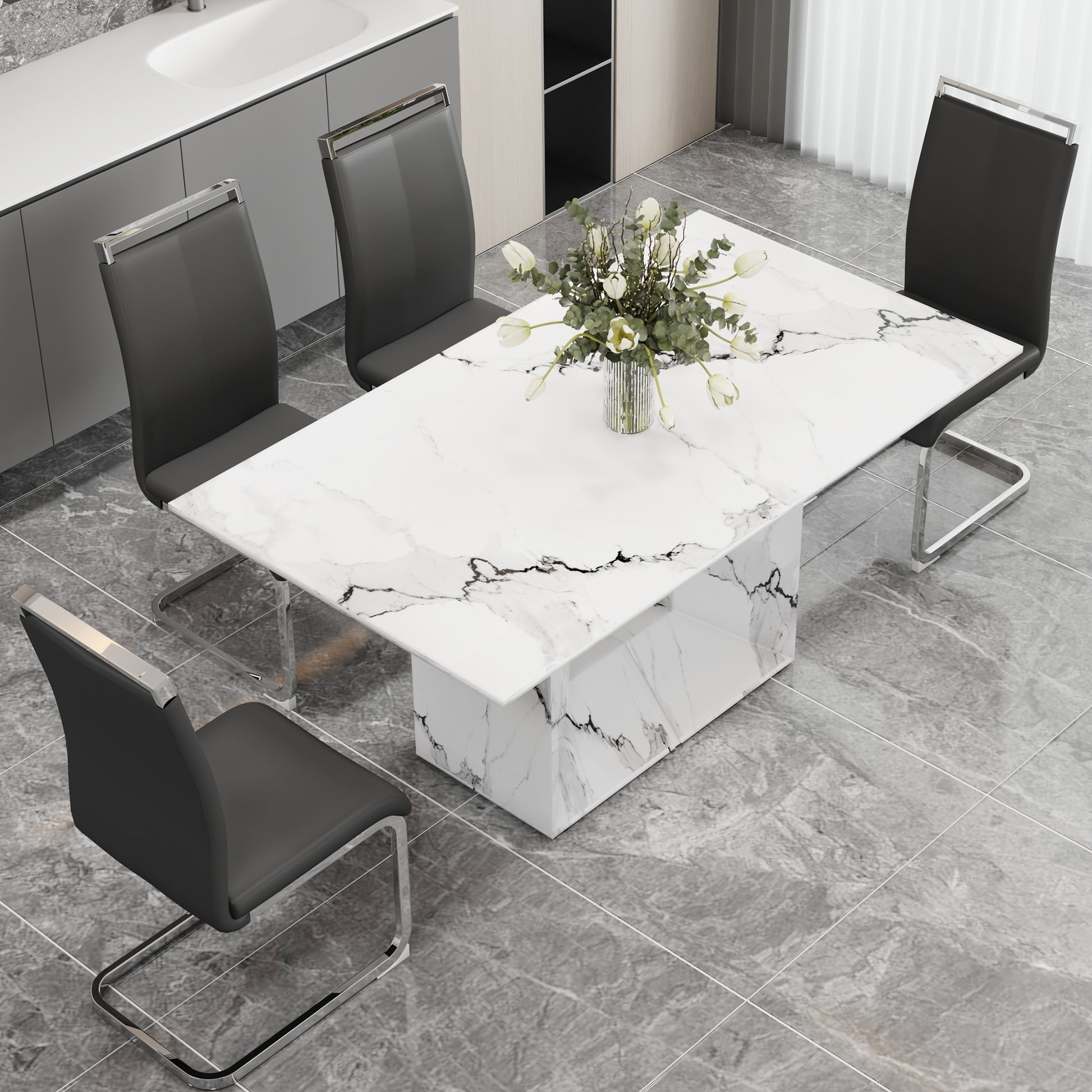 A Simple Dining Table. A Dining Table With A White Marble Pattern. 4 Pu Synthetic Leather High Backrest Cushioned Side Chairs With C Shaped Silver Metal Legs. Dt Sq 16090 Whc 1162 White Mdf