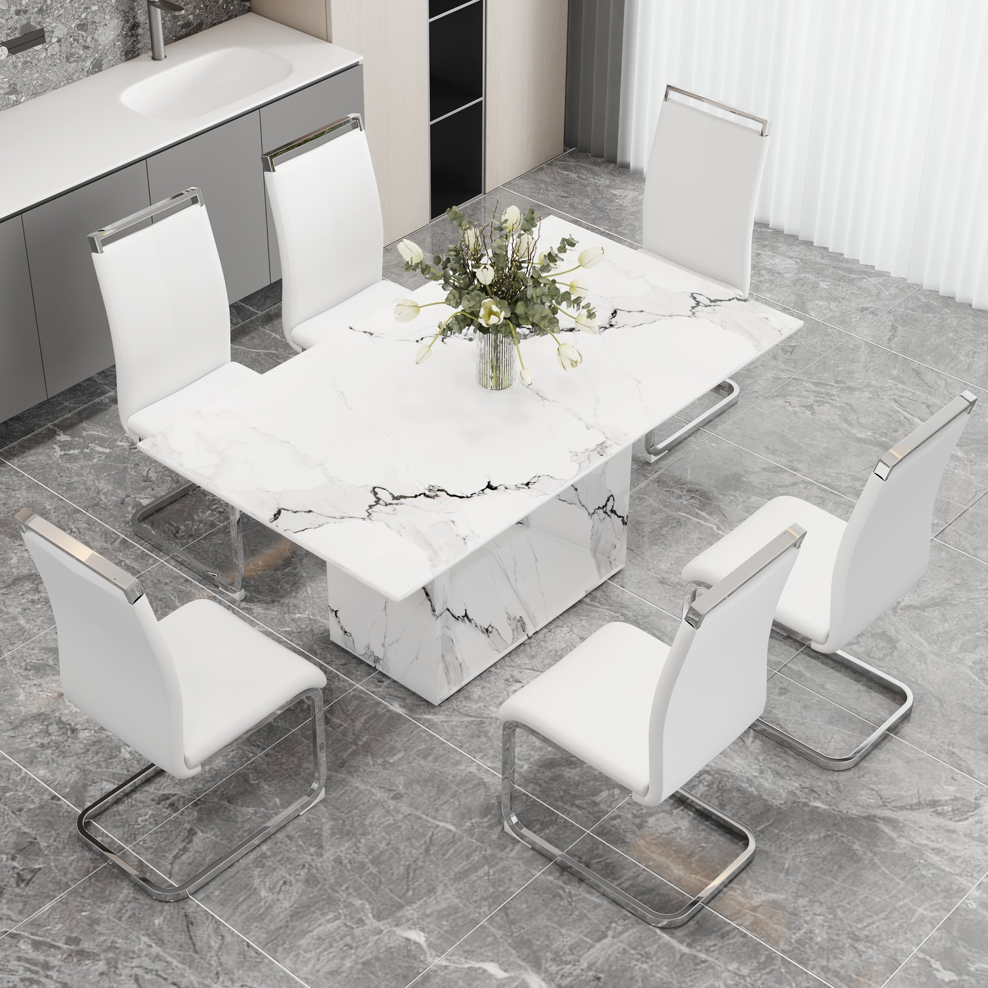 A Simple Dining Table. A Dining Table With A White Marble Pattern. 6 Pu Synthetic Leather High Backrest Cushioned Side Chairs With C Shaped Silver Metal Legs. Dt Sq 16090 Whc 1162 White Mdf