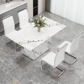 A Simple Dining Table. A Dining Table With A White Marble Pattern. 4 Pu Synthetic Leather High Backrest Cushioned Side Chairs With C Shaped Silver Metal Legs. Dt Sq 16090 Whc 1162 White Mdf