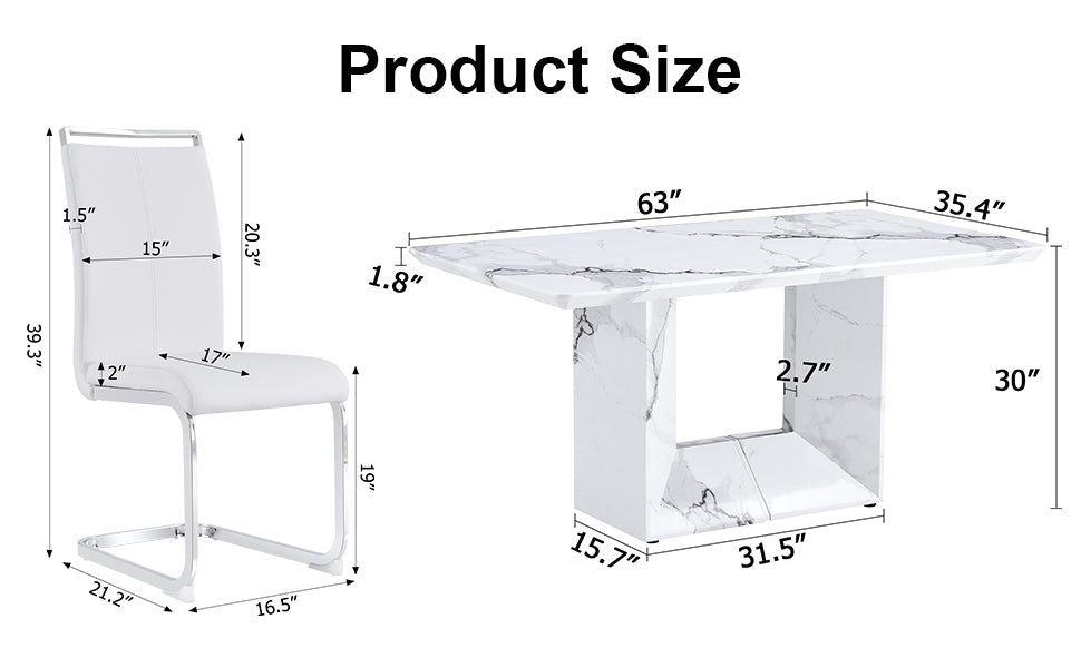 A Simple Dining Table. A Dining Table With A White Marble Pattern. 6 Pu Synthetic Leather High Backrest Cushioned Side Chairs With C Shaped Silver Metal Legs. Dt Sq 16090 Whc 1162 White Mdf