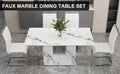 A Simple Dining Table. A Dining Table With A White Marble Pattern. 4 Pu Synthetic Leather High Backrest Cushioned Side Chairs With C Shaped Silver Metal Legs. Dt Sq 16090 Whc 1162 White Mdf