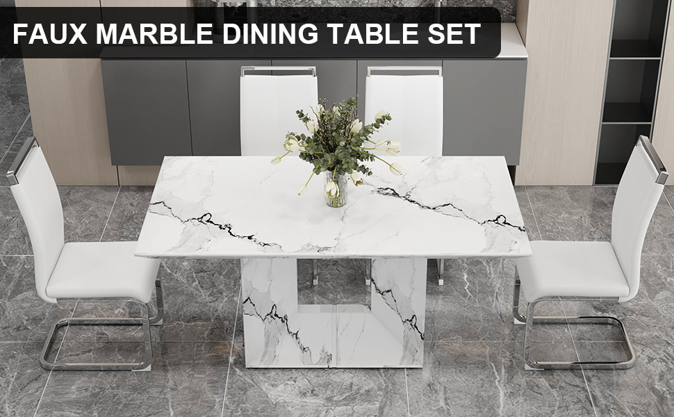 A Simple Dining Table. A Dining Table With A White Marble Pattern. 4 Pu Synthetic Leather High Backrest Cushioned Side Chairs With C Shaped Silver Metal Legs. Dt Sq 16090 Whc 1162 White Mdf