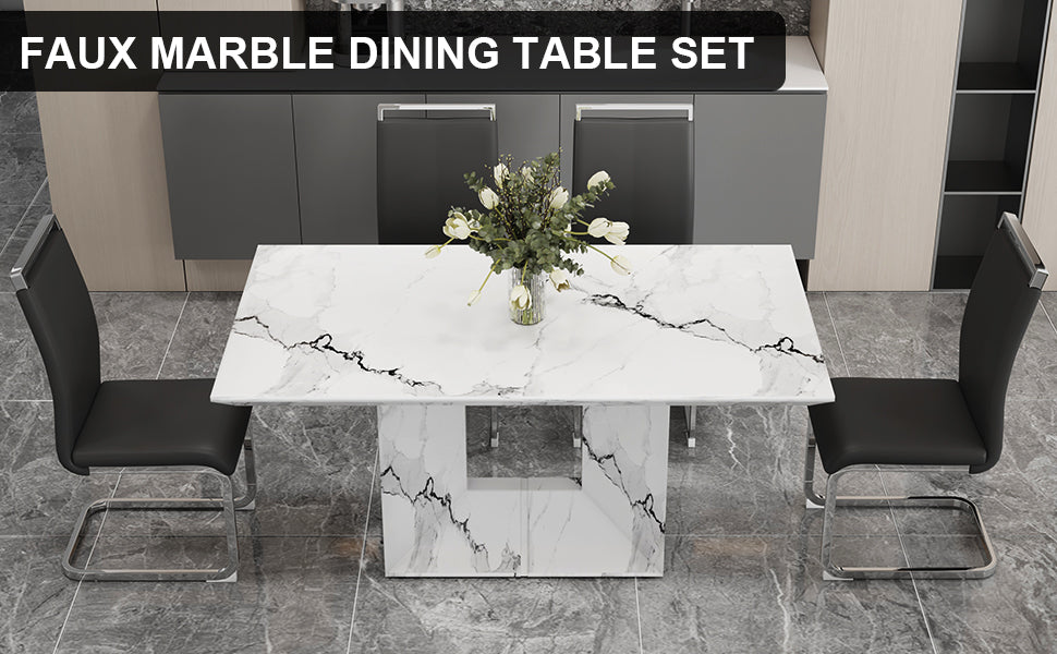 A Simple Dining Table. A Dining Table With A White Marble Pattern. 4 Pu Synthetic Leather High Backrest Cushioned Side Chairs With C Shaped Silver Metal Legs. Dt Sq 16090 Whc 1162 White Mdf