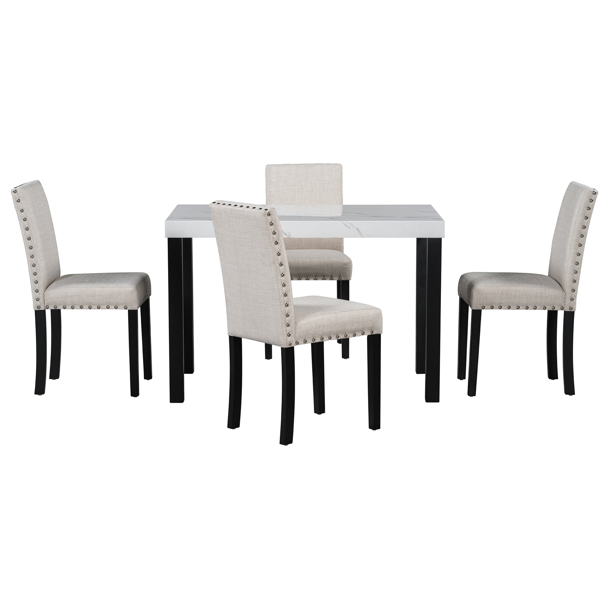 Five Piece Dining Set With Imitation Marble Tabletop, Restaurant Combination Set, Solid Wood Dining Table And 4 Chairs, Space Saving Combination Furniture For Kitchen And Dining Room. Black White Solid Wood Mdf