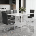 A Simple Dining Table. A Dining Table With A White Marble Pattern. 4 Pu Synthetic Leather High Backrest Cushioned Side Chairs With C Shaped Silver Metal Legs. Dt Sq 16090 Whc 1162 White Mdf