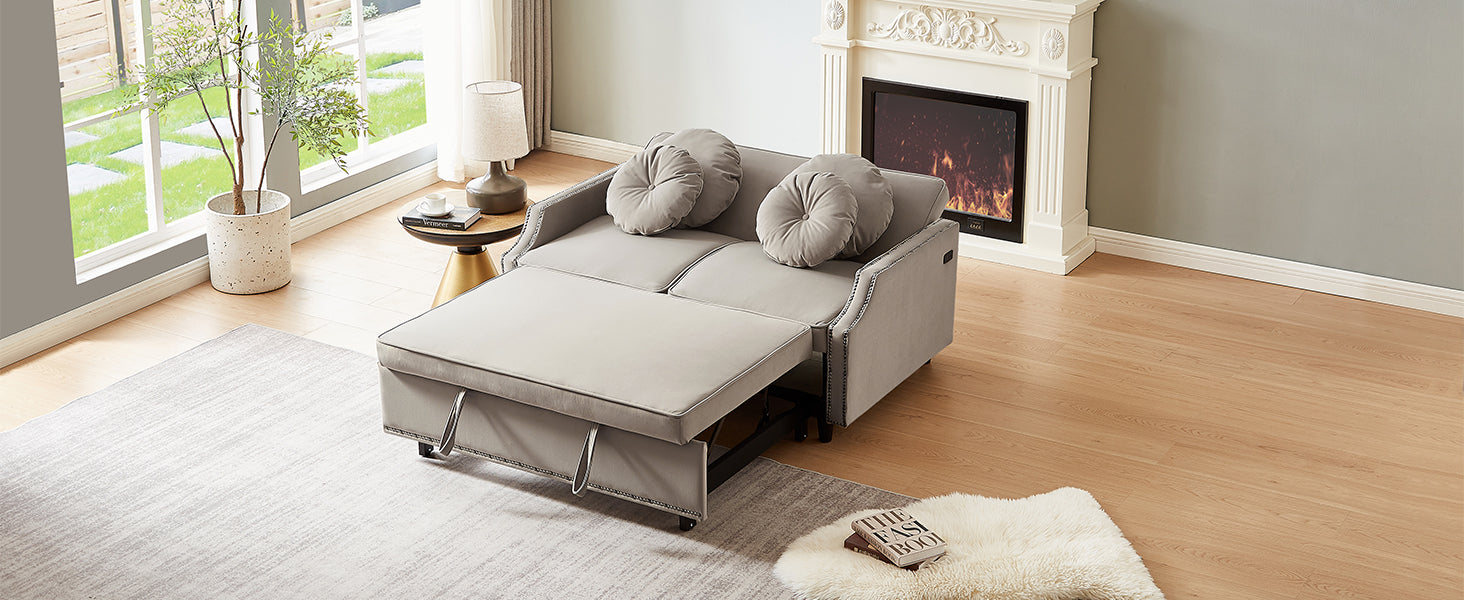 54.7" Multiple Adjustable Positions Sofa Bed Stylish Sofa Bed With A Button Tufted Backrest, Two Usb Ports And Four Floral Lumbar Pillows For Living Room, Bedroom,Or Small Space, Coffee Coffee Foam Polyester 2 Seat