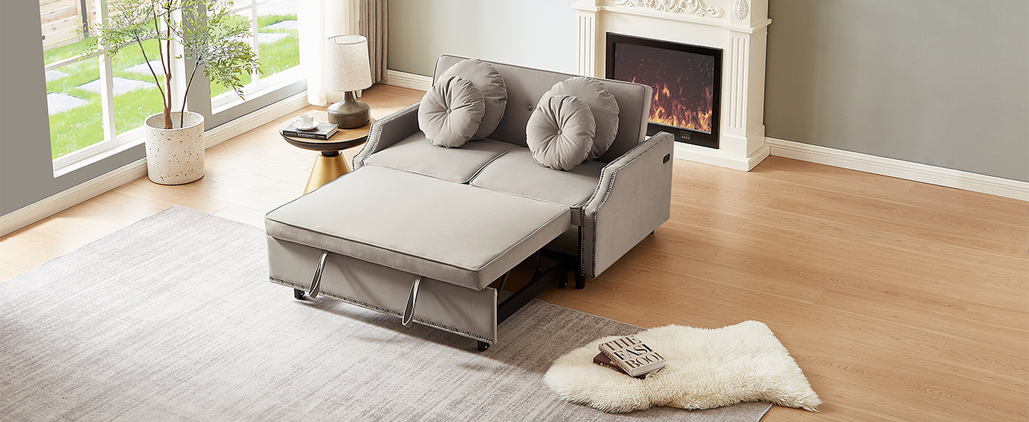 54.7" Multiple Adjustable Positions Sofa Bed Stylish Sofa Bed With A Button Tufted Backrest, Two Usb Ports And Four Floral Lumbar Pillows For Living Room, Bedroom,Or Small Space, Coffee Coffee Foam Polyester 2 Seat