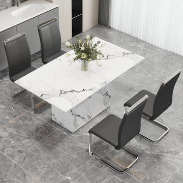 A Simple Dining Table. A Dining Table With A White Marble Pattern. 4 Pu Synthetic Leather High Backrest Cushioned Side Chairs With C Shaped Silver Metal Legs. Dt Sq 16090 Whc 1162 White Mdf