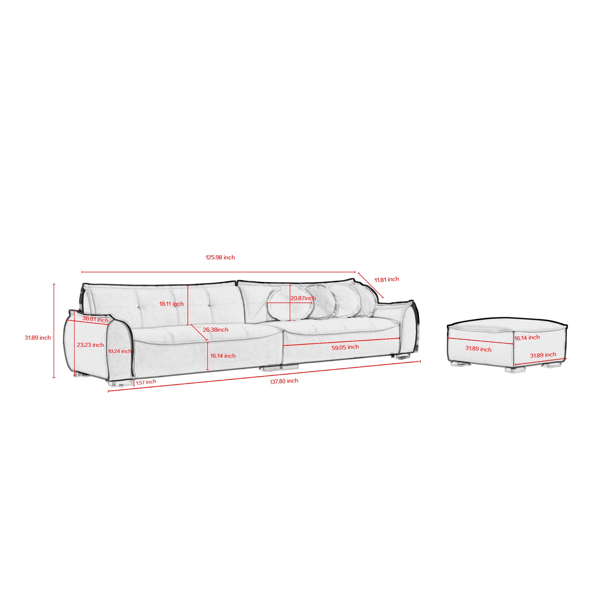 137.80" Chenille Sofa,4 Seater Modern Sofa Couch With Ottoman,Comfy Upholstered Sofa For Living Room White Chenille Wood Eucalyptus Foam 4 Seat