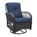 3 Pieces Conversation Set, Outdoor Wicker Rocker Swivel Patio Bistro Set, Rocking Chair With Glass Top Side Table,Navy Blue Yes Complete Patio Set Brown Rust Resistant Frame Water Resistant Cushion Garden & Outdoor Classic Complete Patio Sets Metal Metal