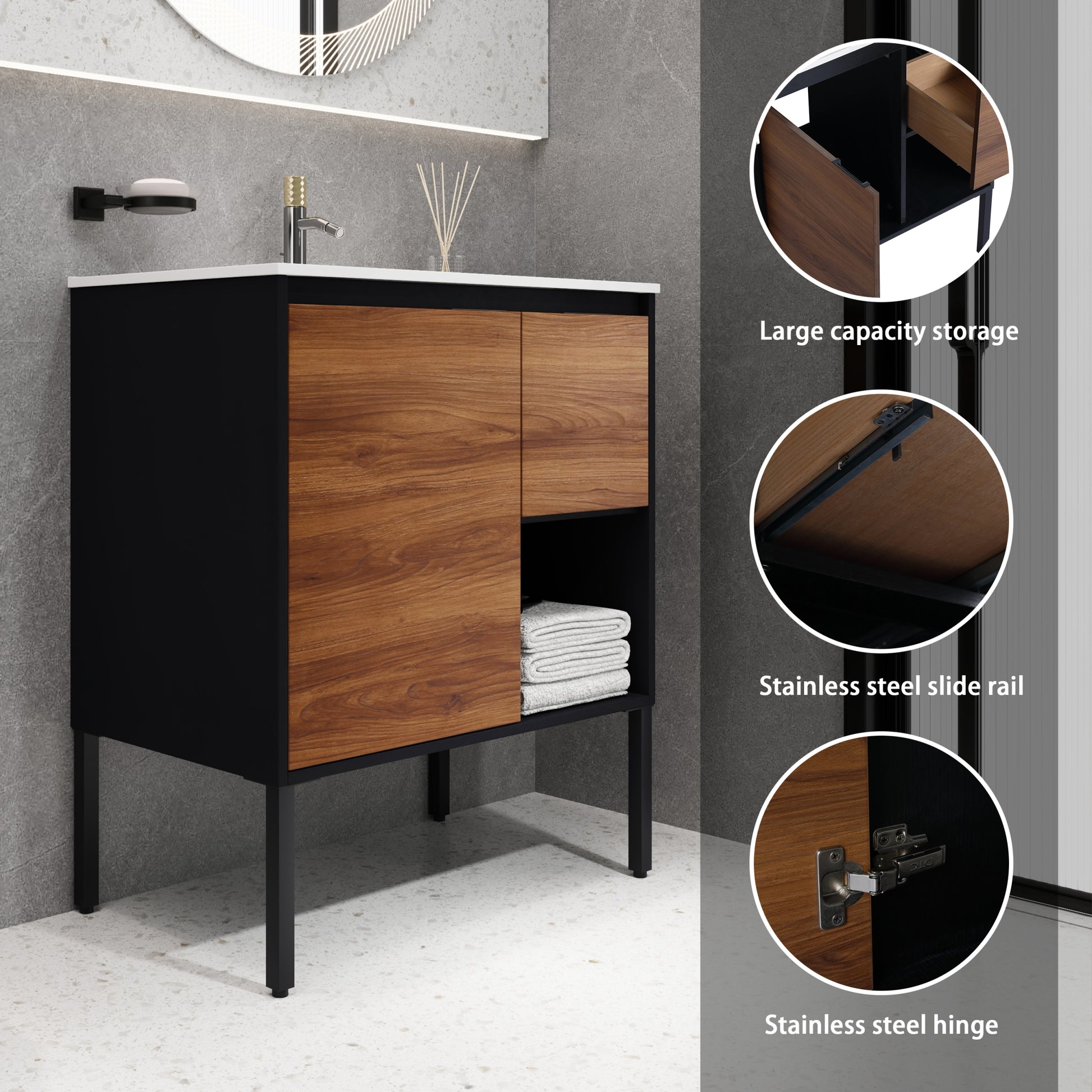 30 Inch Freestanding Bathroom Vanity With Gel Sink, Soft Closing Door And 2 3 Soft Closing Drawers 1 Brown Ebony 1 Bathroom Freestanding Modern Plywood