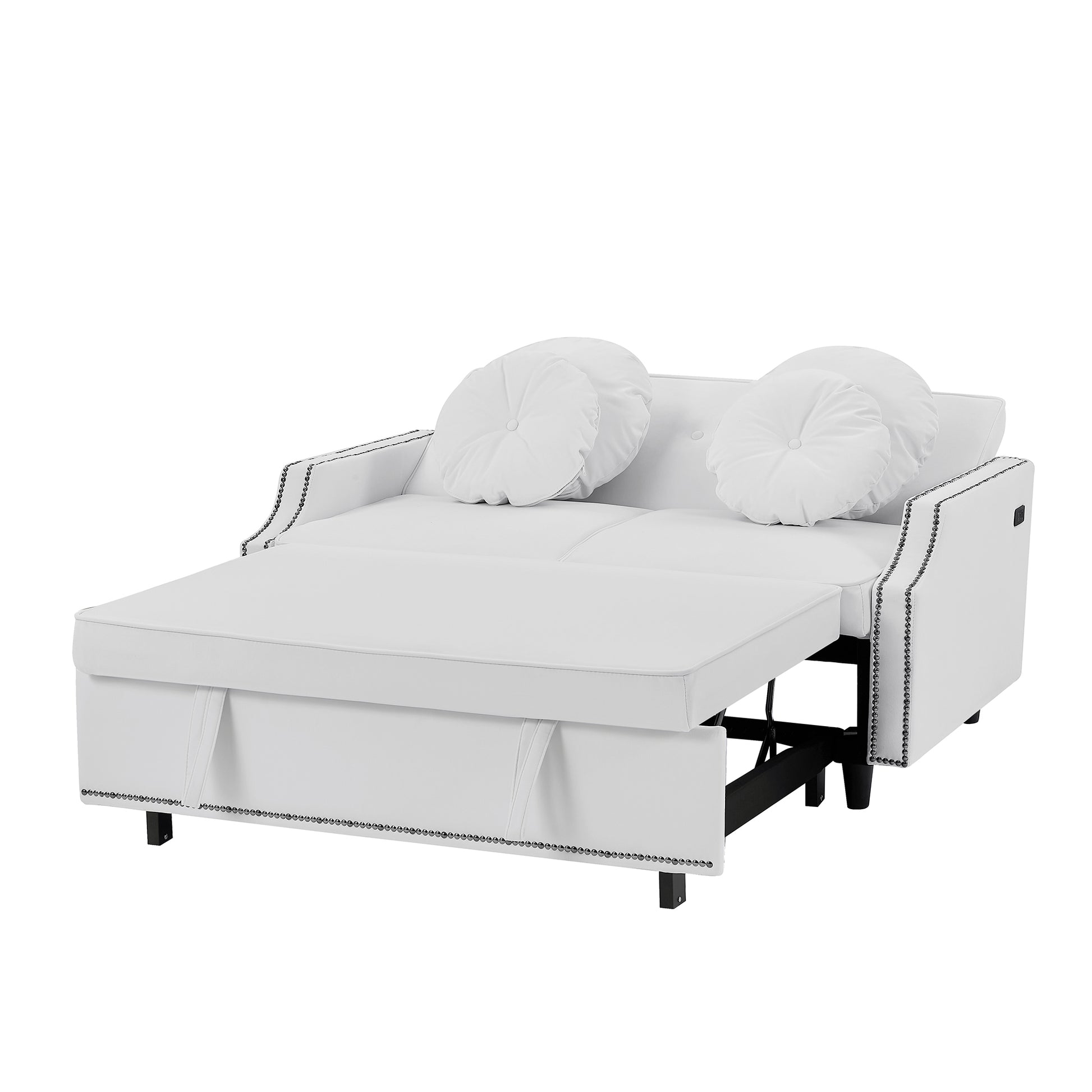 54.7" Multiple Adjustable Positions Sofa Bed Stylish Sofa Bed With A Button Tufted Backrest, Two Usb Ports And Four Floral Lumbar Pillows For Living Room, Bedroom,Or Small Space, Beige Beige Foam Polyester 2 Seat