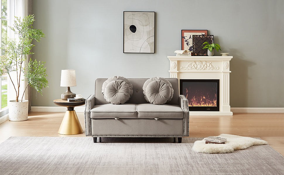 54.7" Multiple Adjustable Positions Sofa Bed Stylish Sofa Bed With A Button Tufted Backrest, Two Usb Ports And Four Floral Lumbar Pillows For Living Room, Bedroom,Or Small Space, Coffee Coffee Foam Polyester 2 Seat