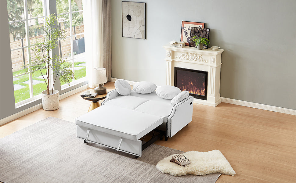 54.7" Multiple Adjustable Positions Sofa Bed Stylish Sofa Bed With A Button Tufted Backrest, Two Usb Ports And Four Floral Lumbar Pillows For Living Room, Bedroom,Or Small Space, Beige Beige Foam Polyester 2 Seat