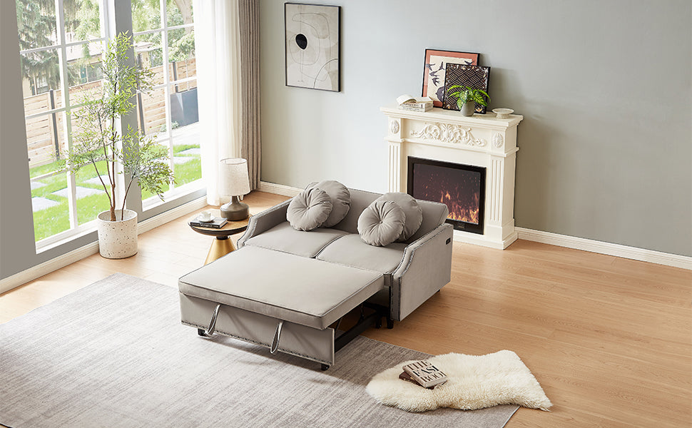 54.7" Multiple Adjustable Positions Sofa Bed Stylish Sofa Bed With A Button Tufted Backrest, Two Usb Ports And Four Floral Lumbar Pillows For Living Room, Bedroom,Or Small Space, Coffee Coffee Foam Polyester 2 Seat