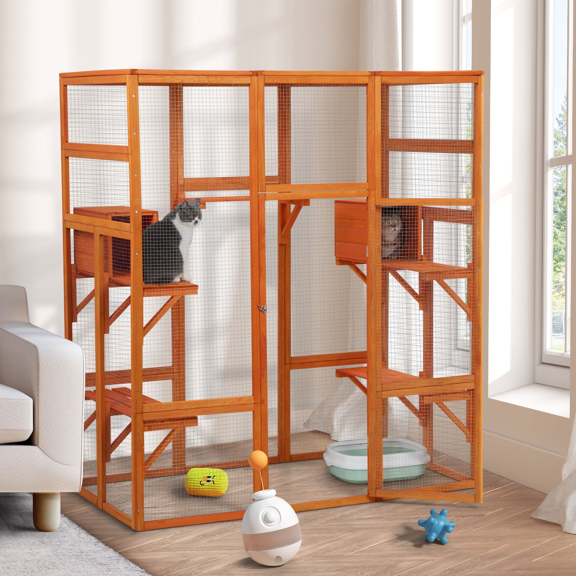 Large Cat Enclosure With 5 Perches, 2 Condos And 1 Lockable Door, Orange Orange Metal & Wood