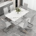 A Simple Dining Table. A Dining Table With A White Marble Pattern. 6 Pu Synthetic Leather High Backrest Cushioned Side Chairs With C Shaped Silver Metal Legs. Dt Sq 16090 Whc 1162 White Mdf