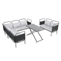 5 Piece Modern Patio Sectional Sofa Set Outdoor Woven Rope Furniture Set With Glass Table And Cushions, Black Gray Yes Sectional Grey Black Weather Resistant Frame Water Resistant Cushion Garden & Outdoor Modern Sectional Seating Groups Foam Woven Rope