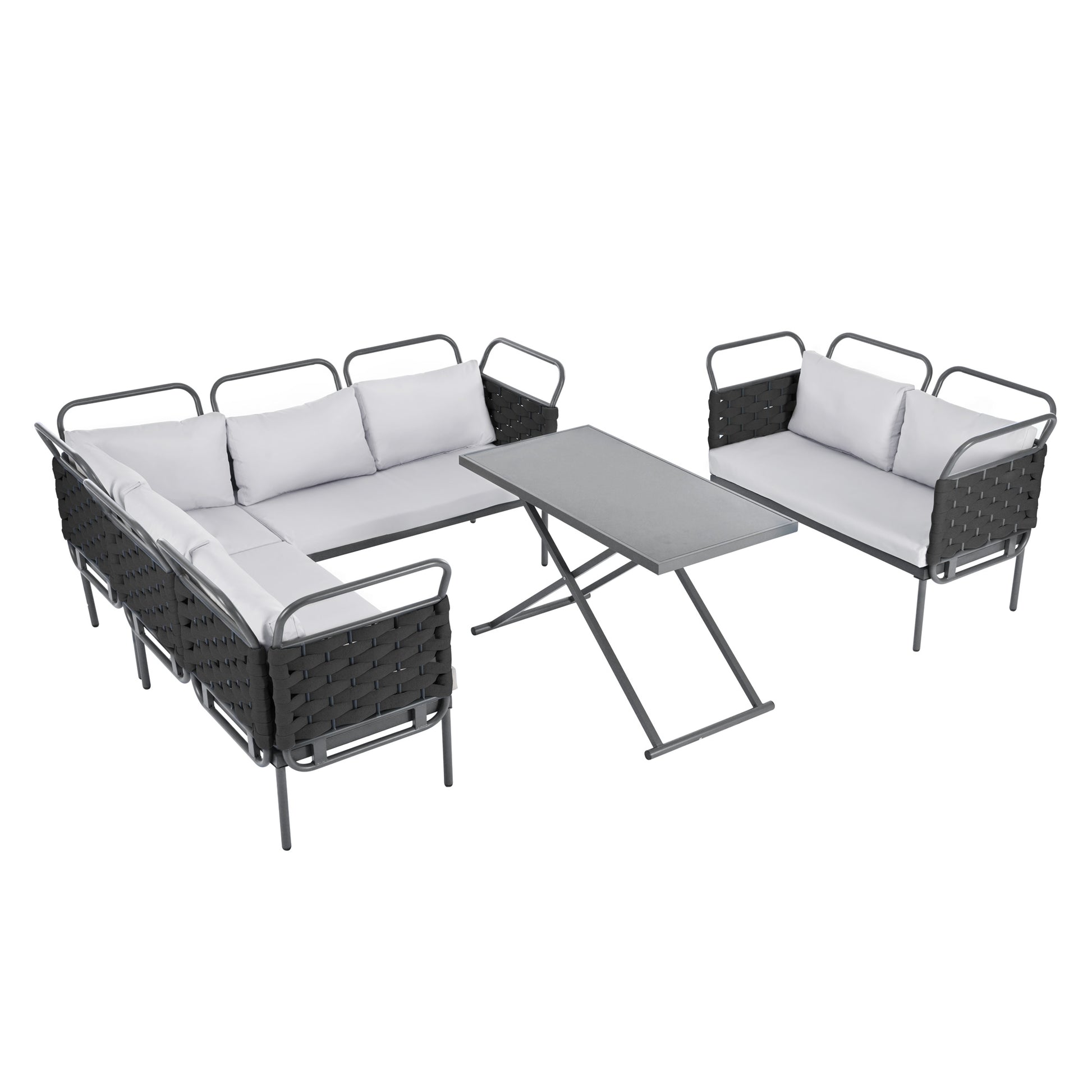 5 Piece Modern Patio Sectional Sofa Set Outdoor Woven Rope Furniture Set With Glass Table And Cushions, Black Gray Yes Sectional Grey Black Weather Resistant Frame Water Resistant Cushion Garden & Outdoor Modern Sectional Seating Groups Foam Woven Rope