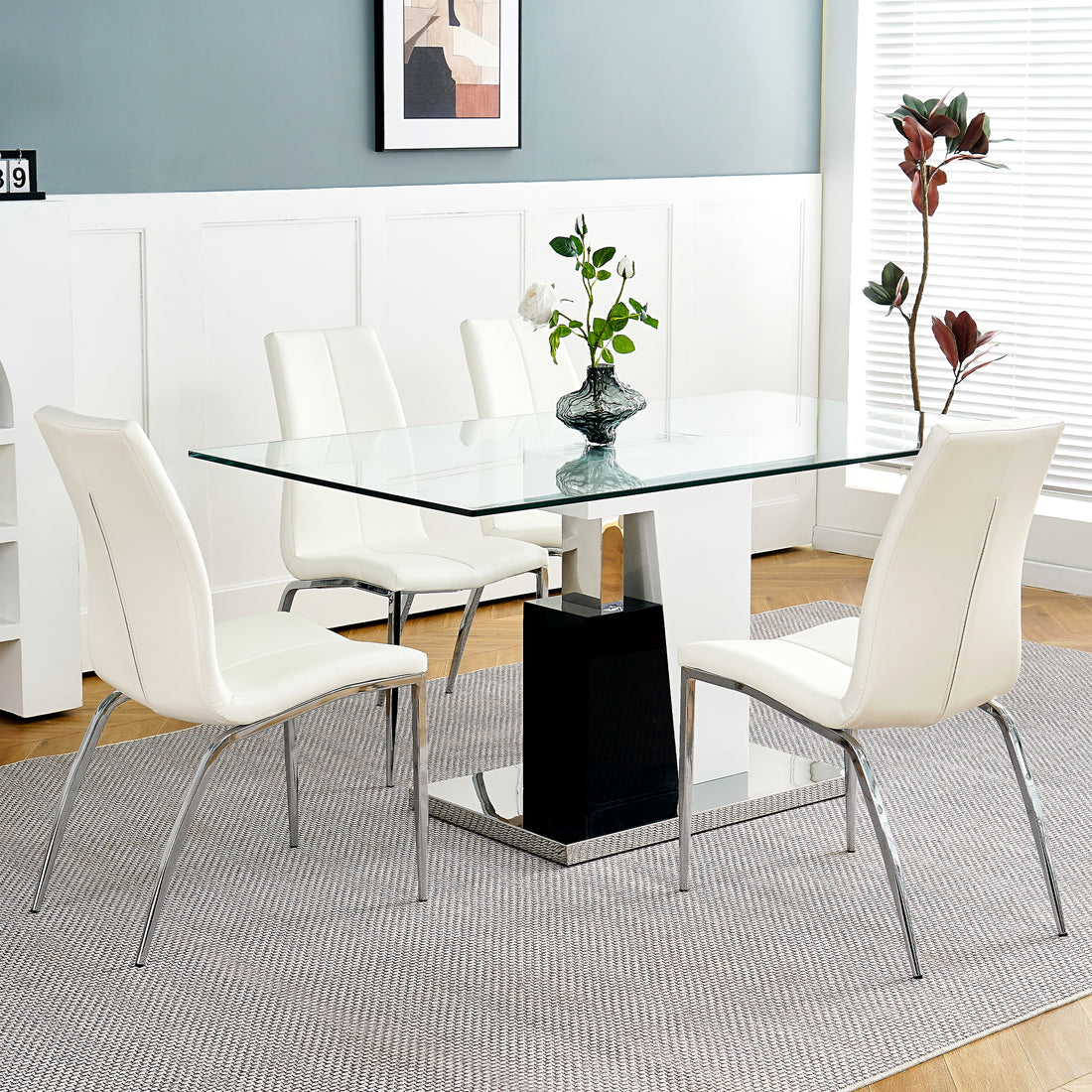 Modern Style Glass Table, Pu Fabric Chair Electroplated Chair Legs, Solid Support Base, Furniture Made Of Selected Materials To Highlight Fashion, Suitable For Living Room Use Set Of 5 White Mdf Metal