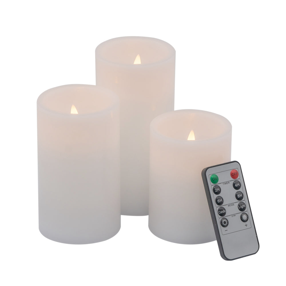 Set Of 3 White Led Candles With Remote Timer, L:D3X6" M:D3X5" S:D3X4" White Classic Plastic