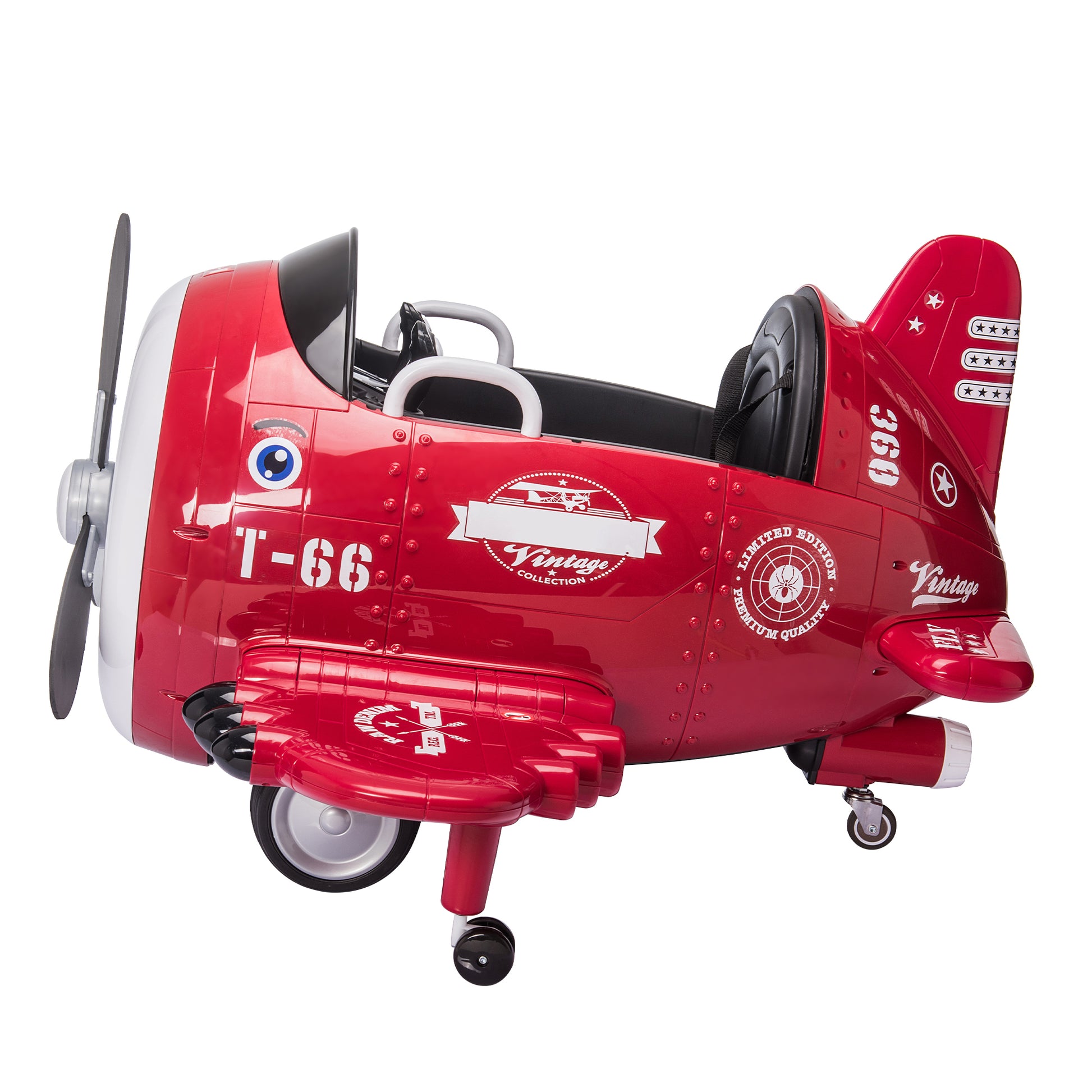 12V Electric Kids Ride On Toy Plane With Usb, Fm, Wind Driven Propeller, 360 Degree Rotating By 2 Joysticks, Remote Control For Kids 3 To 6, Red Red Polypropylene